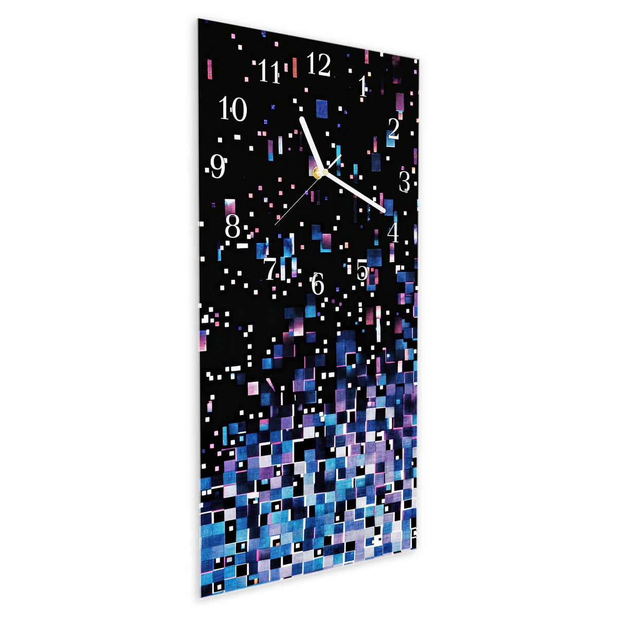 Vormontiert – mit Schwebeeffekt – Wanduhr Pixelmuster aus Glas – Hochformat 30 × 60 cm
