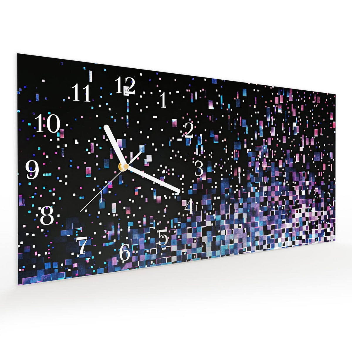 Vormontiert – mit Schwebeeffekt – Wanduhr Pixelmuster aus Glas – Querformat 60 × 30 cm