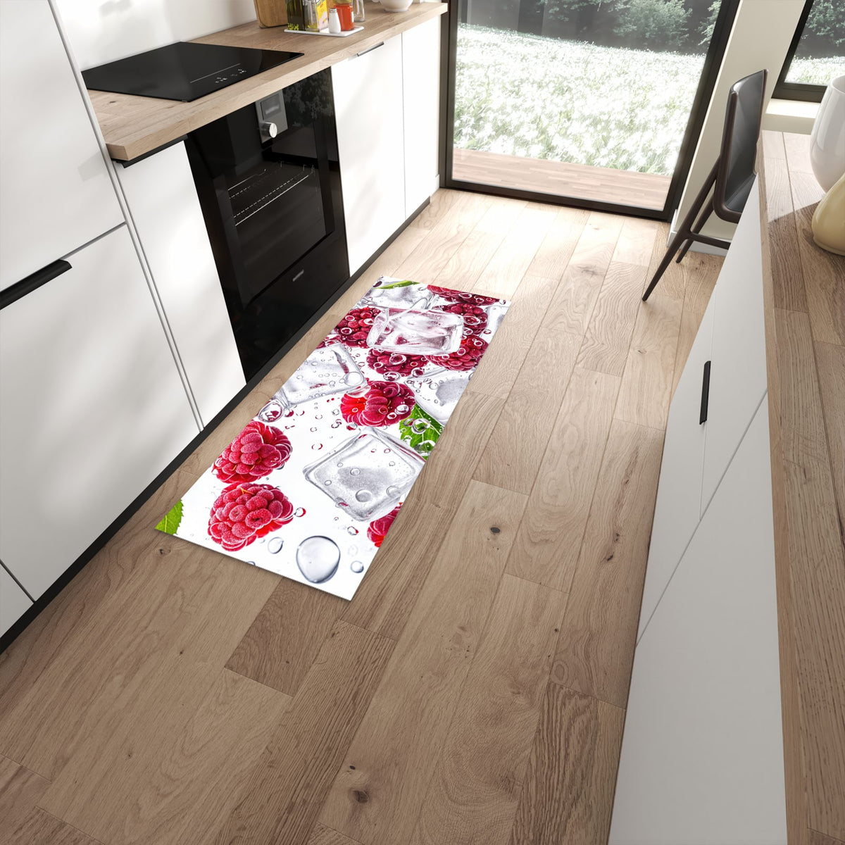 Geruchsneutraler rutschfester Küchenteppich mit Motiv Himbeereis in moderner Küche #grösse_60 x 150 cm