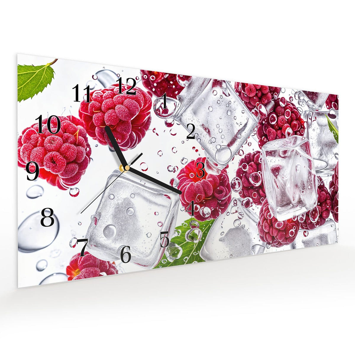 Vormontiert – mit Schwebeeffekt – Wanduhr Himbeereis aus Glas – Querformat 60 × 30 cm