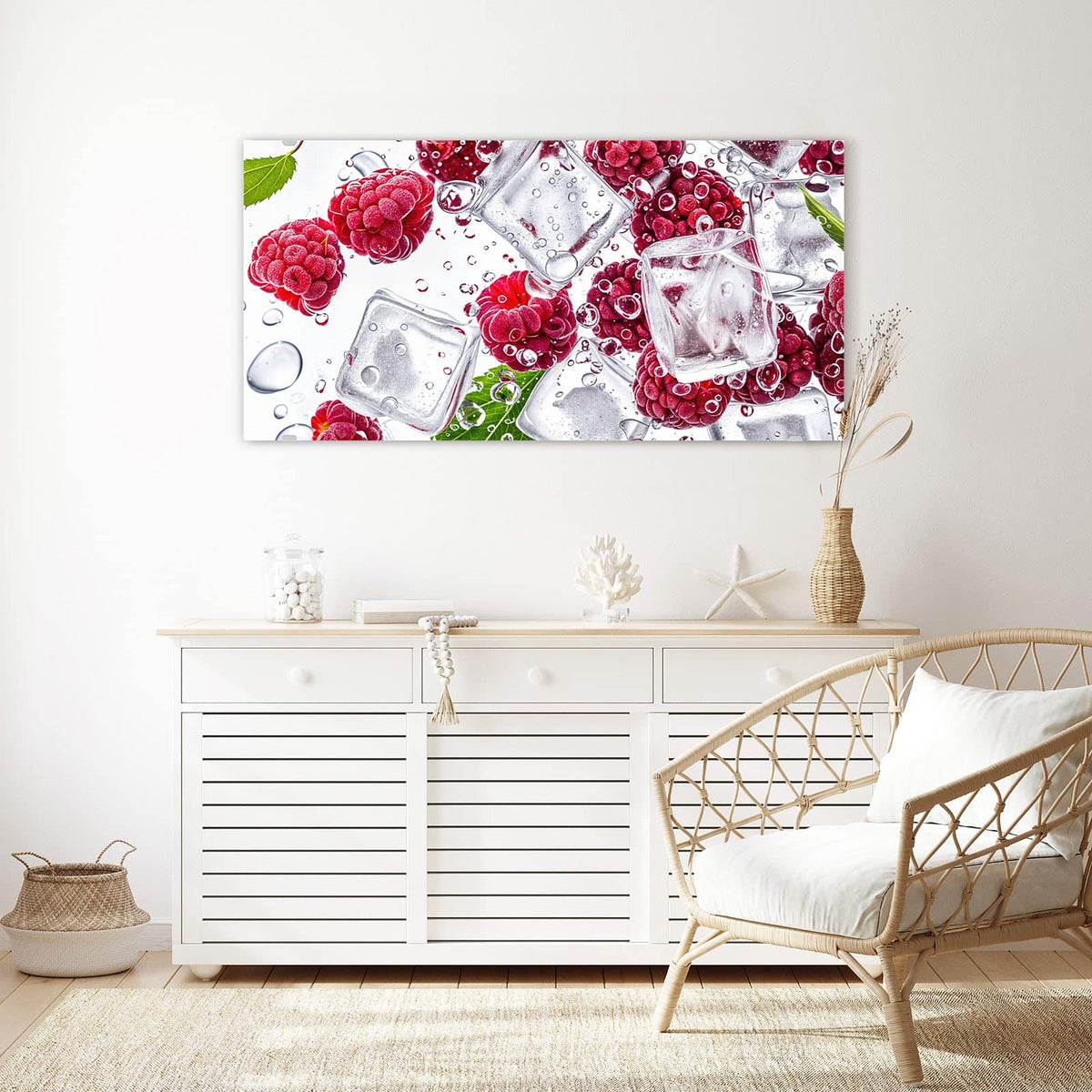 Echtglas, 4 mm – kein Acryl, keine Folie – Wandbild - Himbeeren im Eis - Querformat