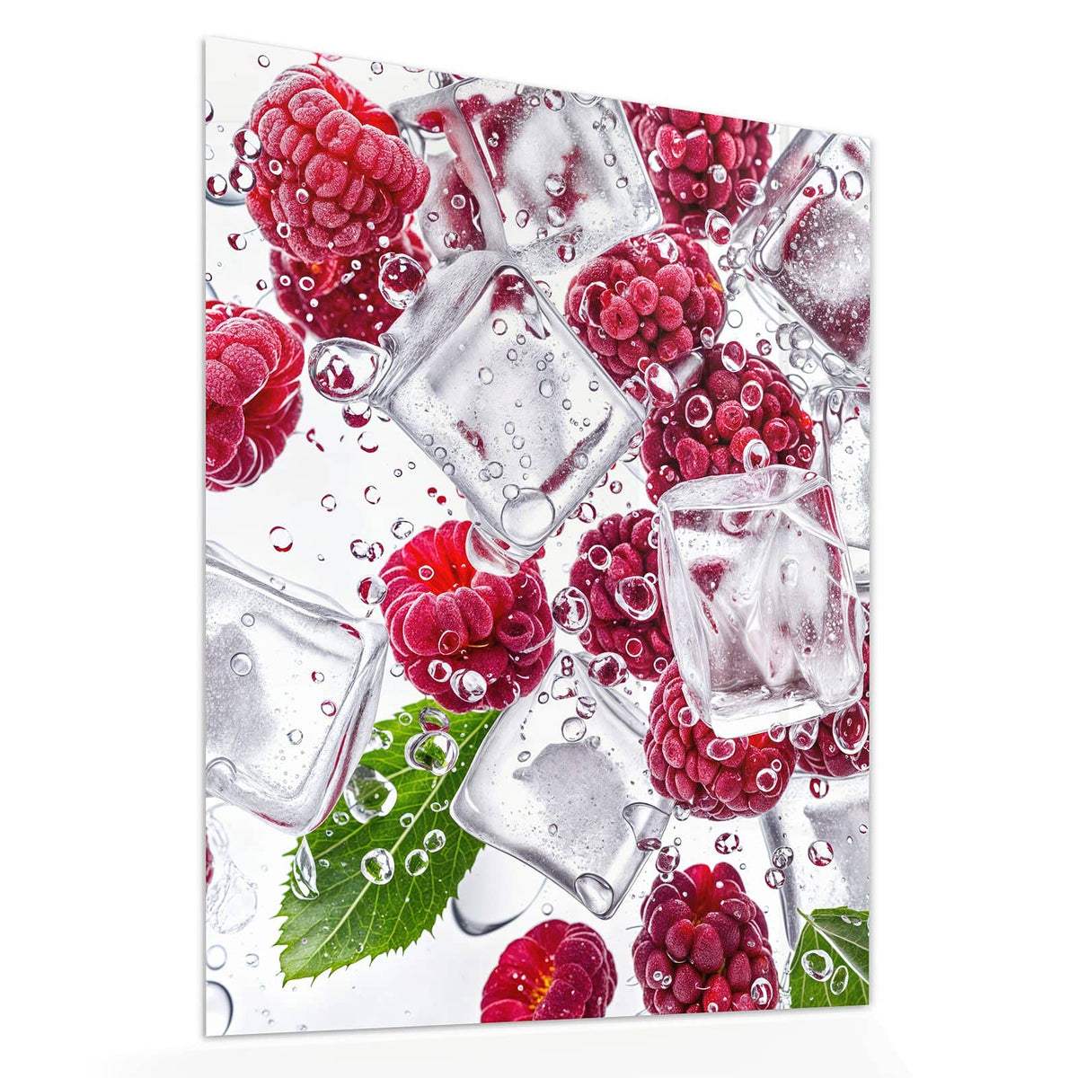 Echtglas, 4 mm – kein Acryl, keine Folie – Wandbild - Himbeeren im Eis - Hochformat