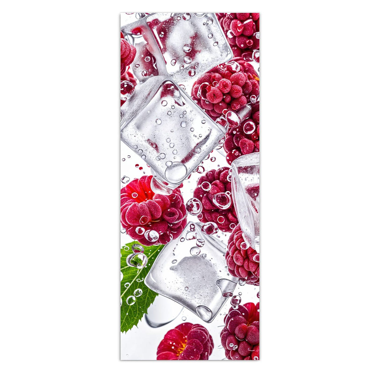 Wandbild - Himbeeren im Eis - Hochformat – Himbeeren zwischen Eiswürfeln
