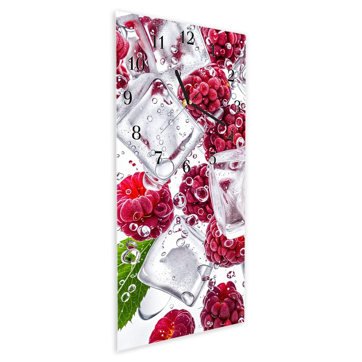 Vormontiert – mit Schwebeeffekt – Wanduhr Himbeereis aus Glas – Hochformat 30 × 60 cm