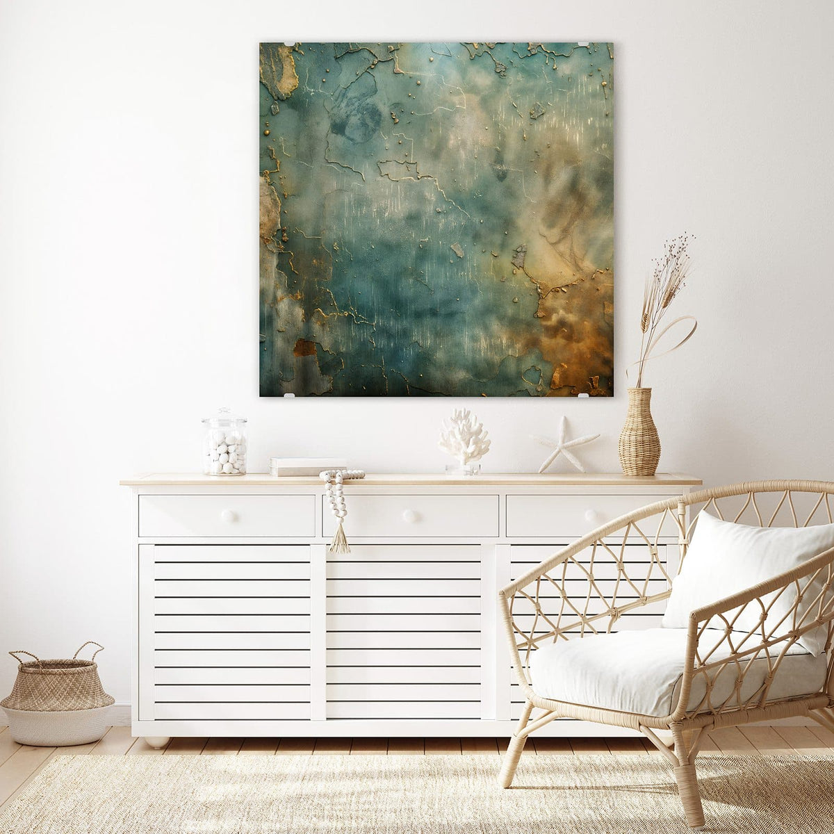 Glasbild Türkise Patina mit Gold an der Wand – Petrol-türkise Wand mit goldgefüllten Rissen und rostbraunen Rändern