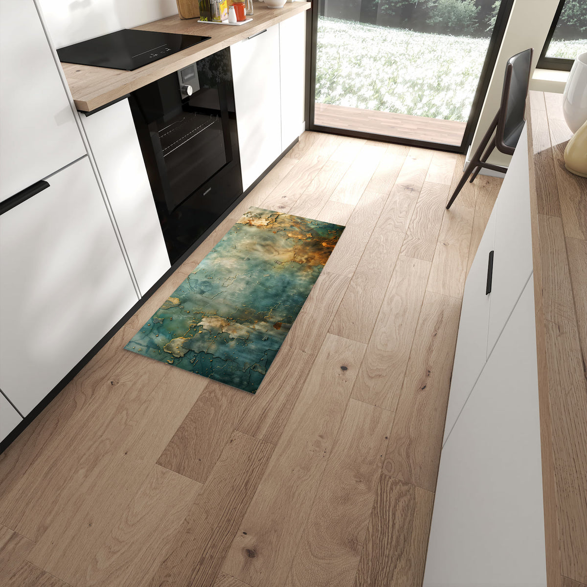 Bodenschonender langer Teppich mit Motiv Gealterte Wand in moderner Küche #grösse_60 x 120 cm