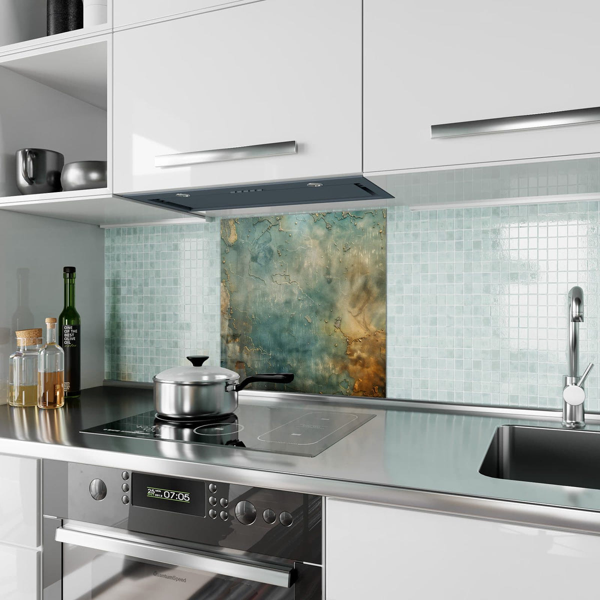 Küchenrückwand Türkise Patina mit Gold aus Glas – Türkise Patina mit Rissen
