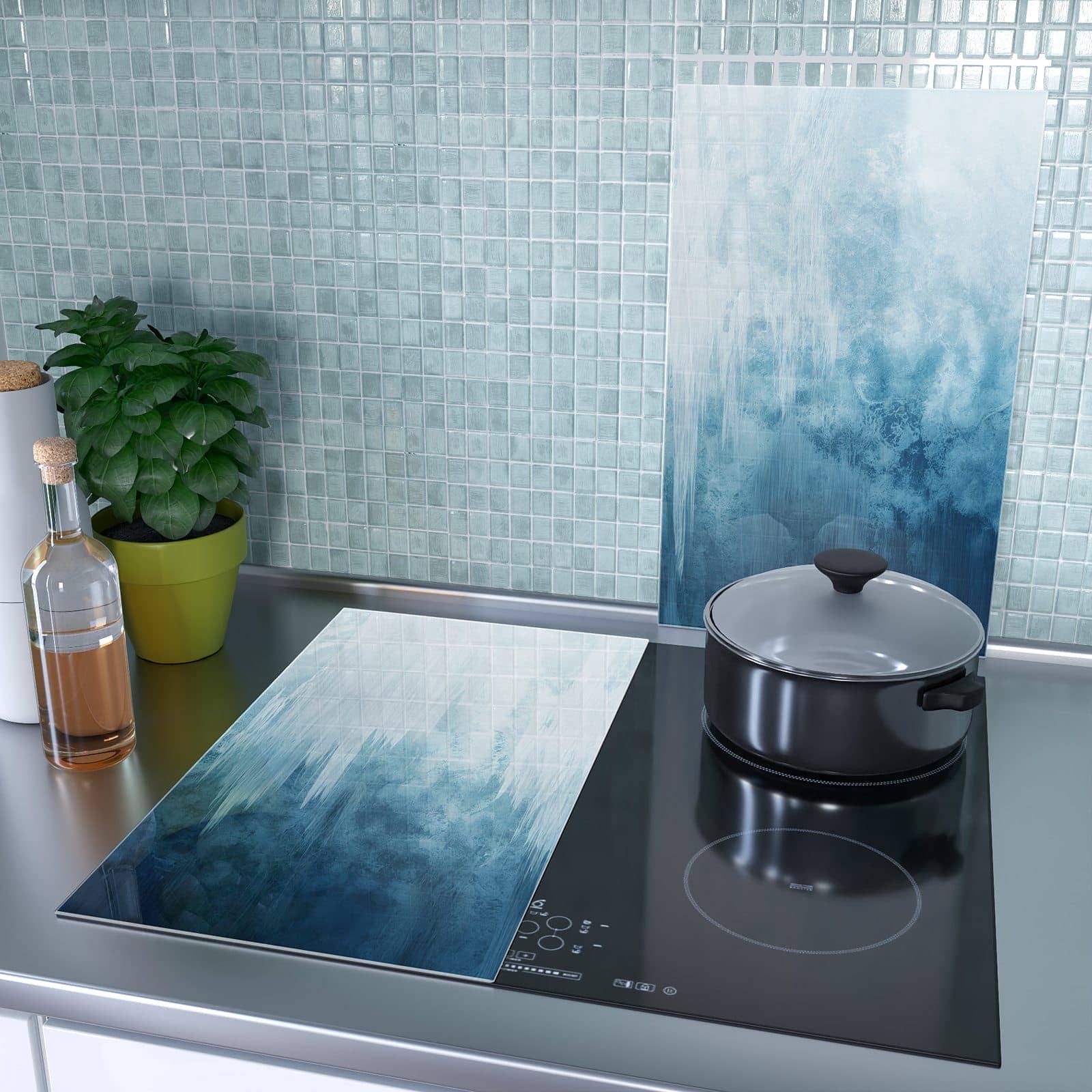 2-teilige Herdabdeckplatte mit Gefrorener Wasserfall-Motiv als Spritzschutz hinter dem Kochfeld