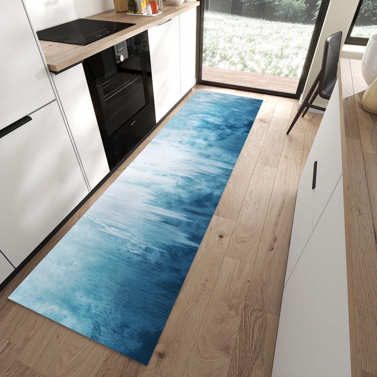 Waschbarer Küchenläufer mit Motiv Gefrorener Wasserfall in moderner Küche