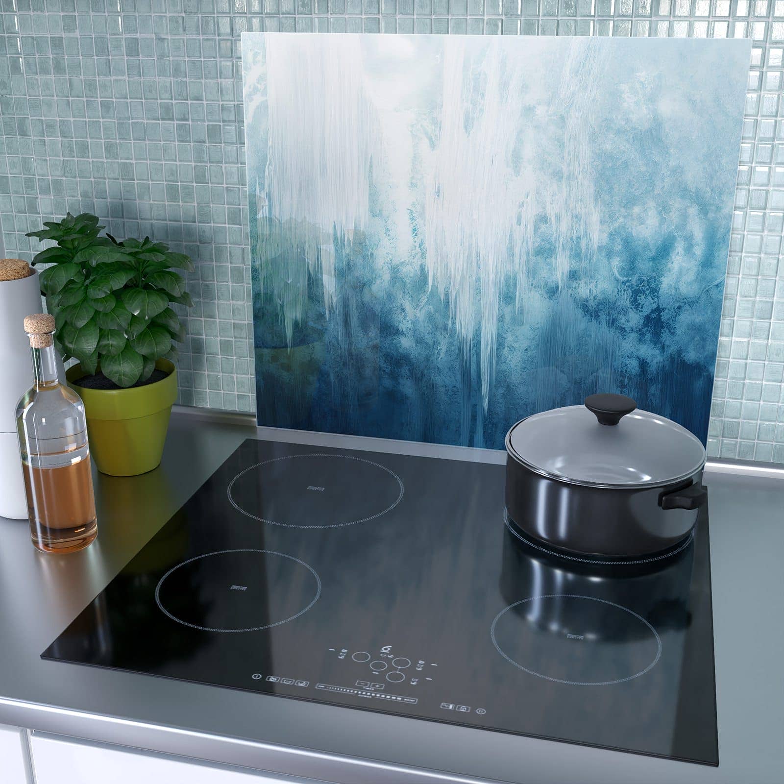 1-teilige Herdabdeckung mit Gefrorener Wasserfall-Motiv als Spritzschutz hinter dem Kochfeld