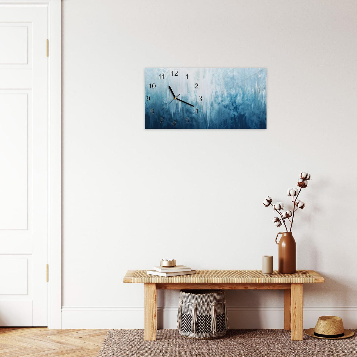 Moderne Wanduhr aus Glas mit Farbtiefe – Wanduhr Gefrorener Wasserfall aus Glas – Querformat 60 × 30 cm