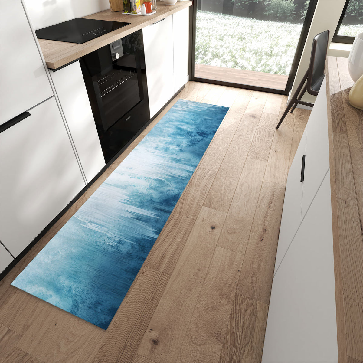 Komfortabler Küchenläufer mit Motiv Gefrorener Wasserfall in moderner Küche