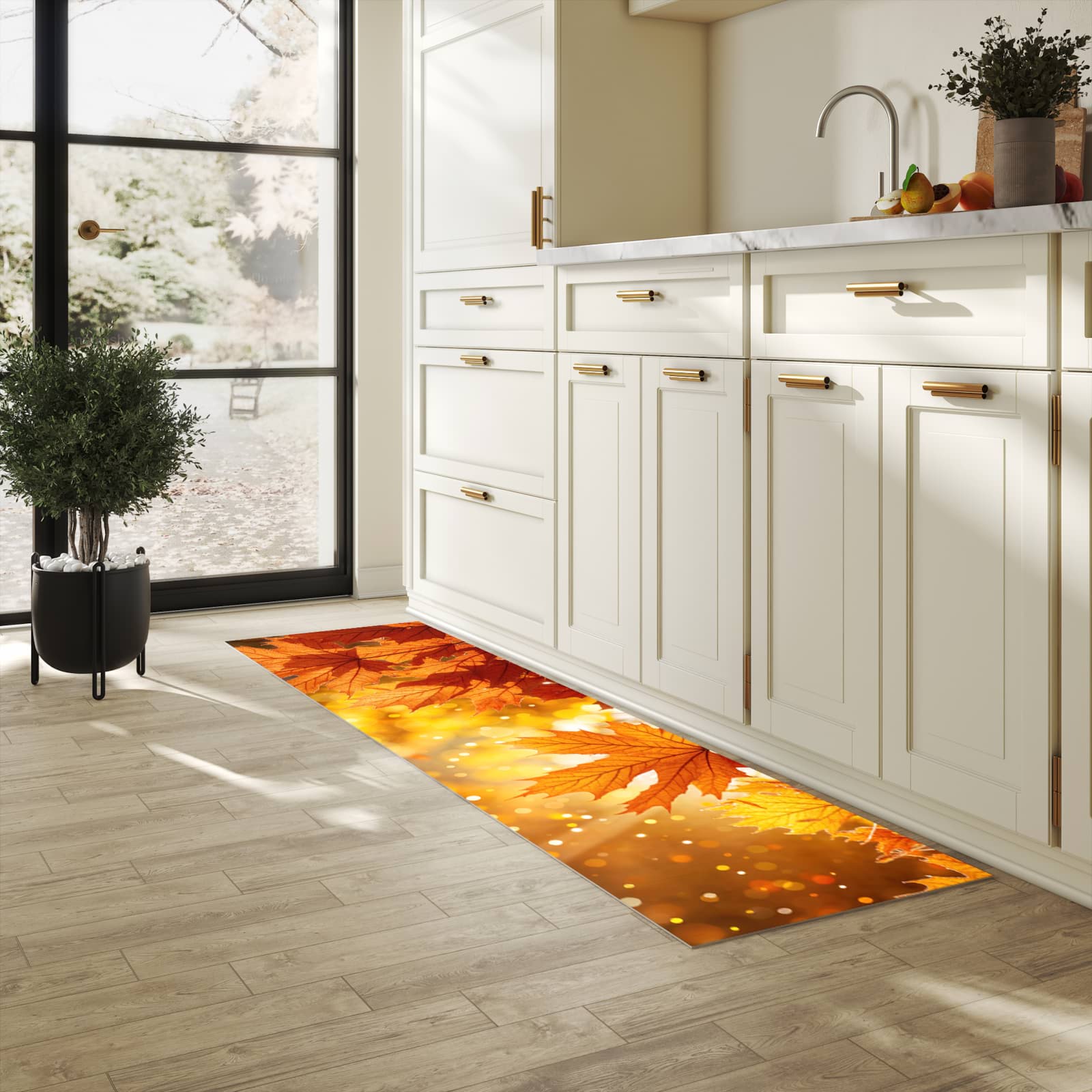 Flacher rutschfester Küchenläufer mit Motiv Sanfte Herbstblätter in heller Küche