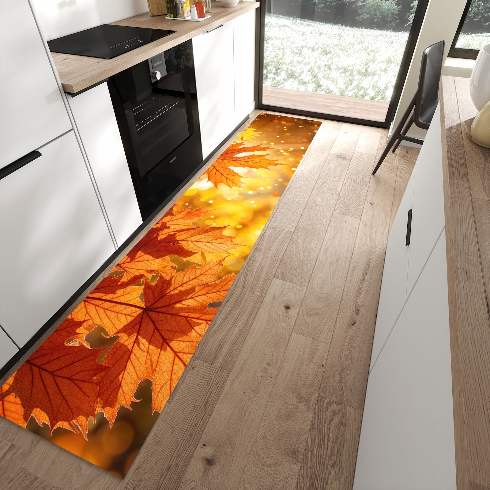 Farbbeständiger rutschfester Küchenläufer mit Motiv Sanfte Herbstblätter in moderner Küche