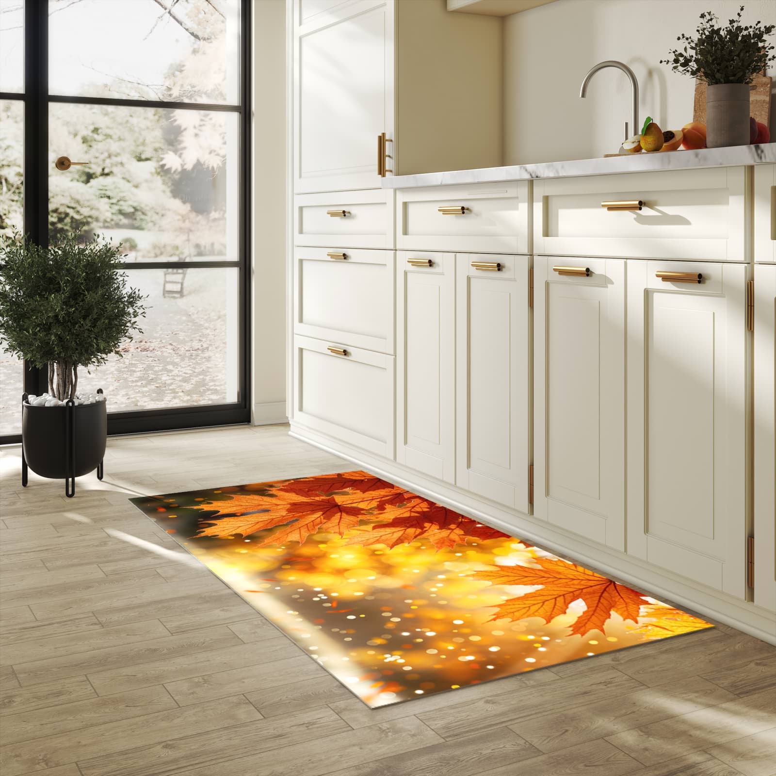 Abwaschbarer Küchenteppich mit Motiv Sanfte Herbstblätter in heller Küche