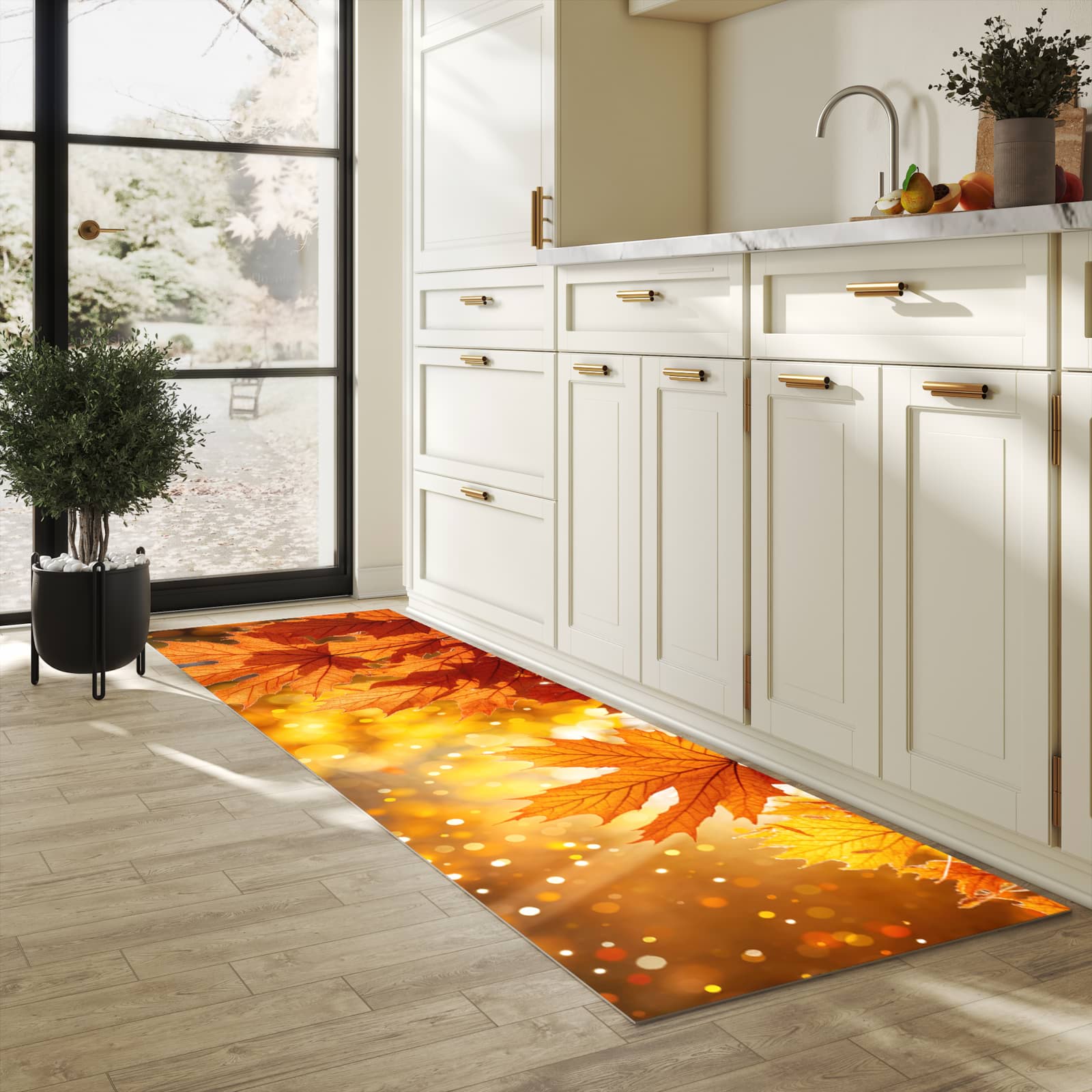 Hygienischer moderner Küchenläufer mit Motiv Sanfte Herbstblätter in heller Küche