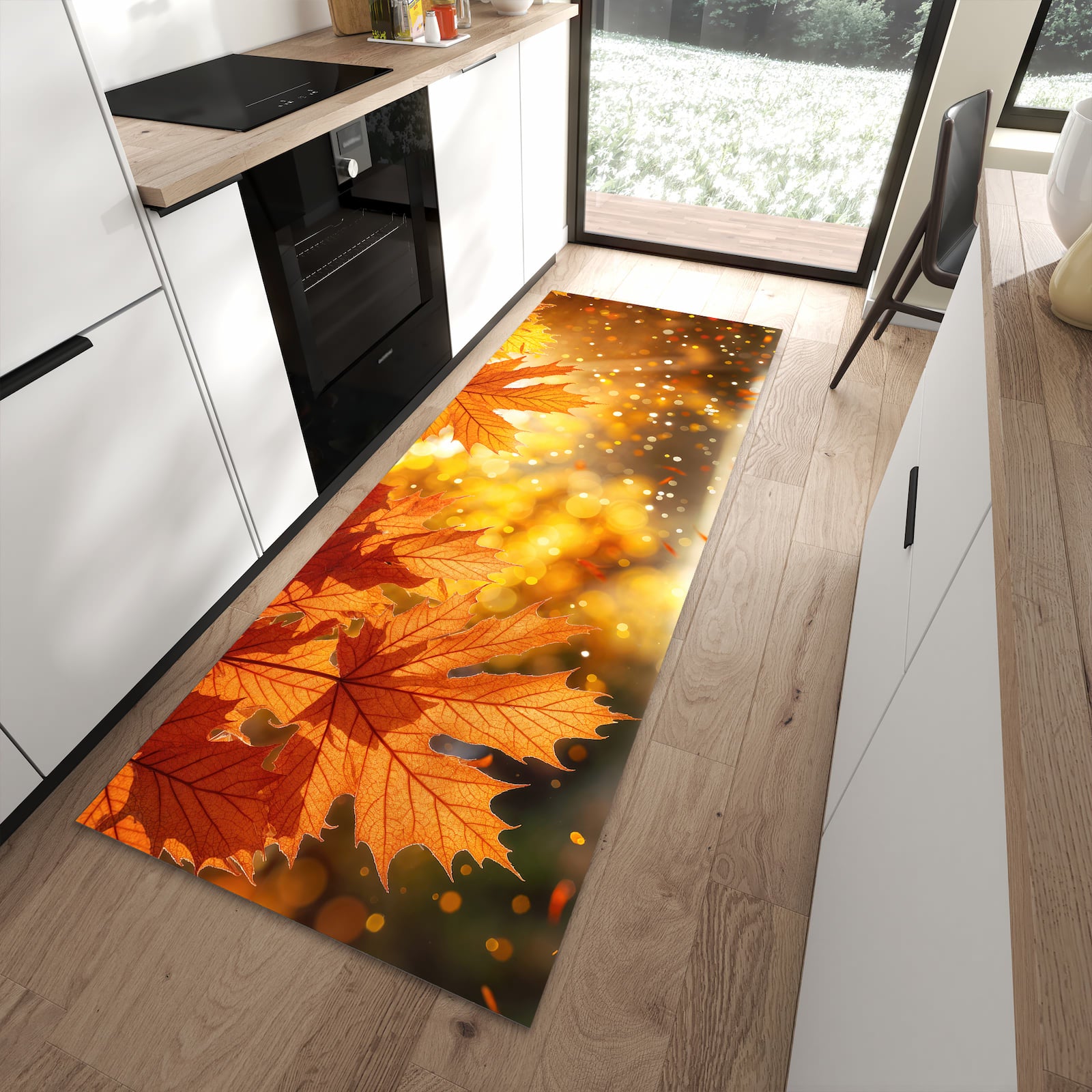 Komfortabler Küchenläufer mit Motiv Sanfte Herbstblätter in moderner Küche