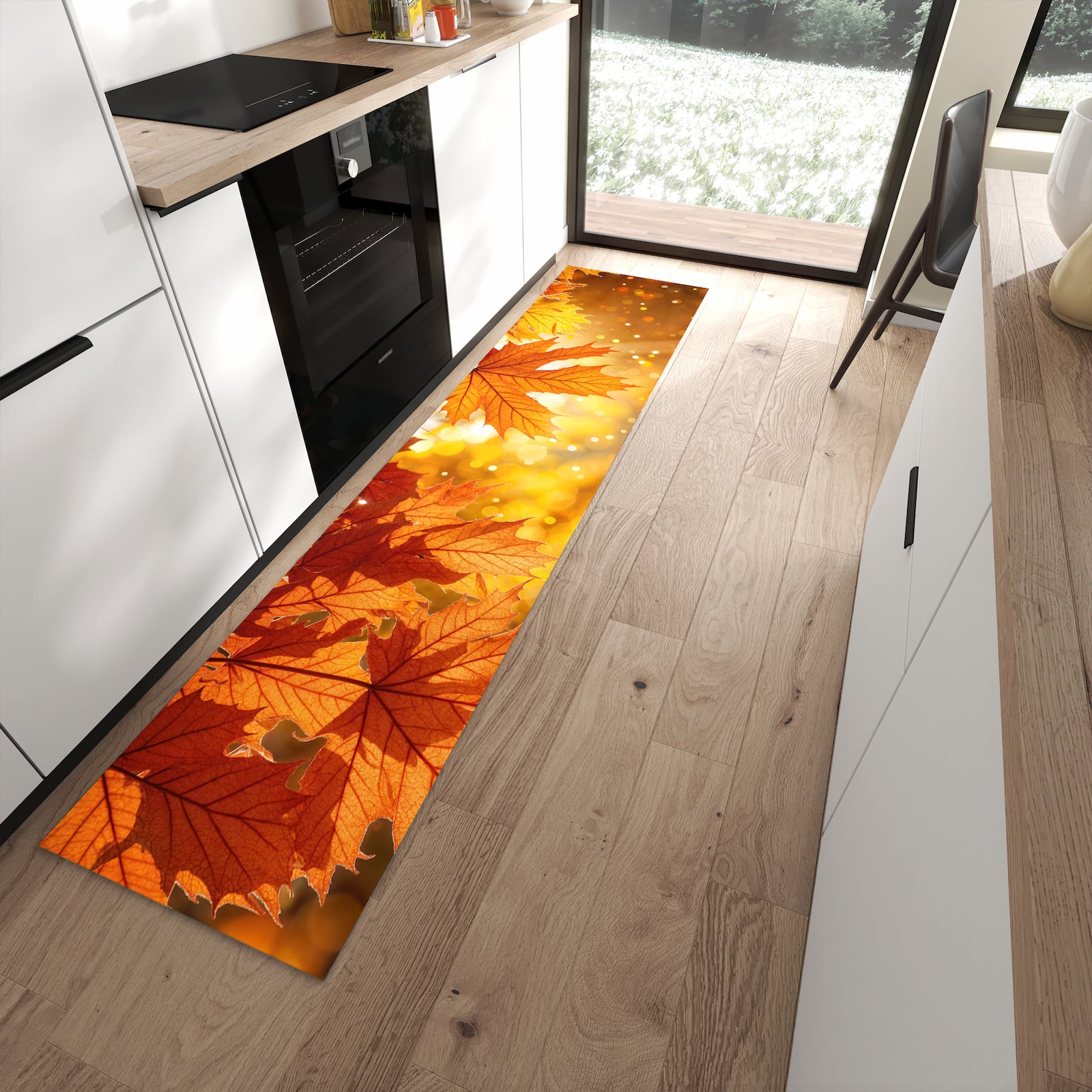 Bodenschonender Küchenläufer mit Motiv Sanfte Herbstblätter in moderner Küche