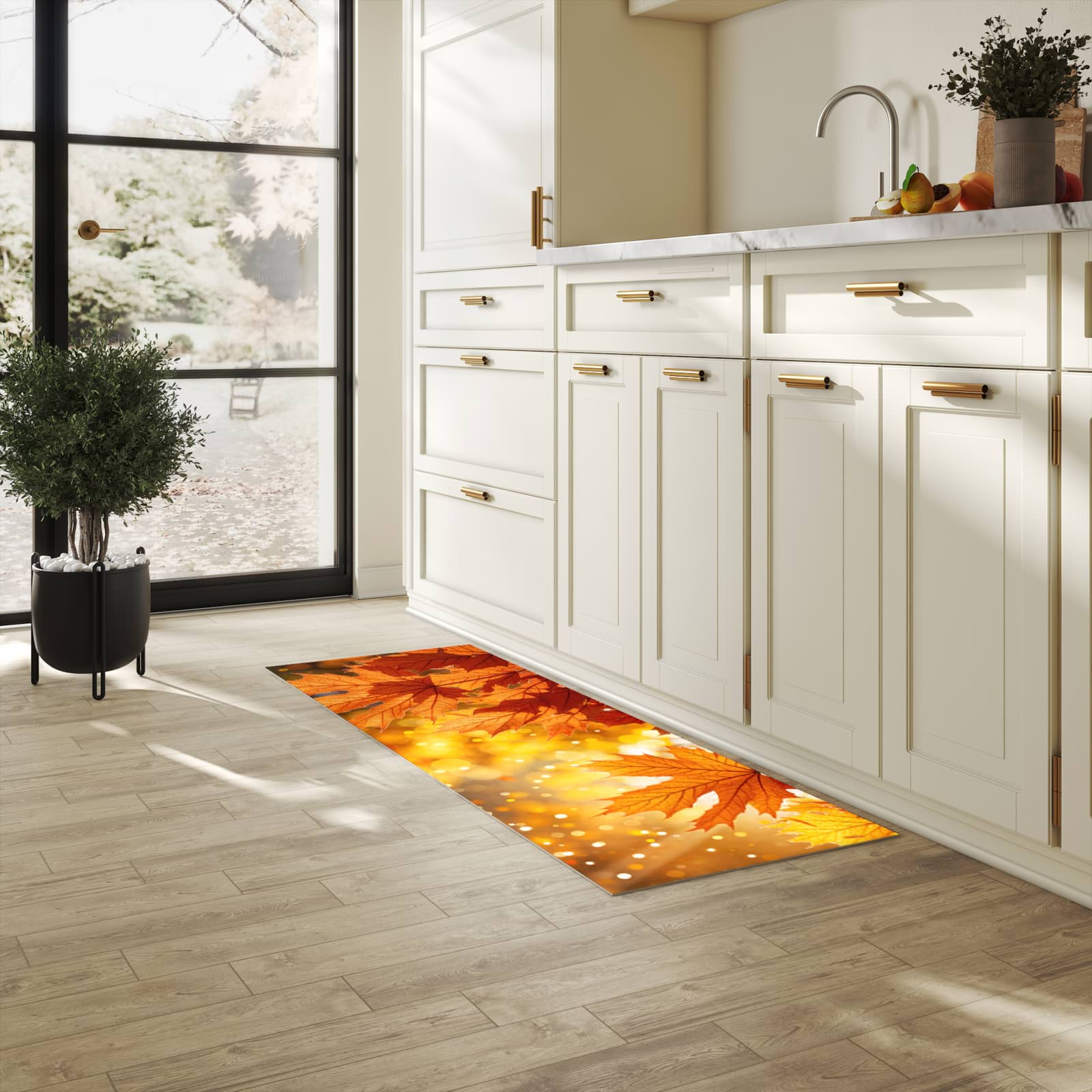 Langlebiger rutschfester Küchenläufer mit Motiv Sanfte Herbstblätter in heller Küche