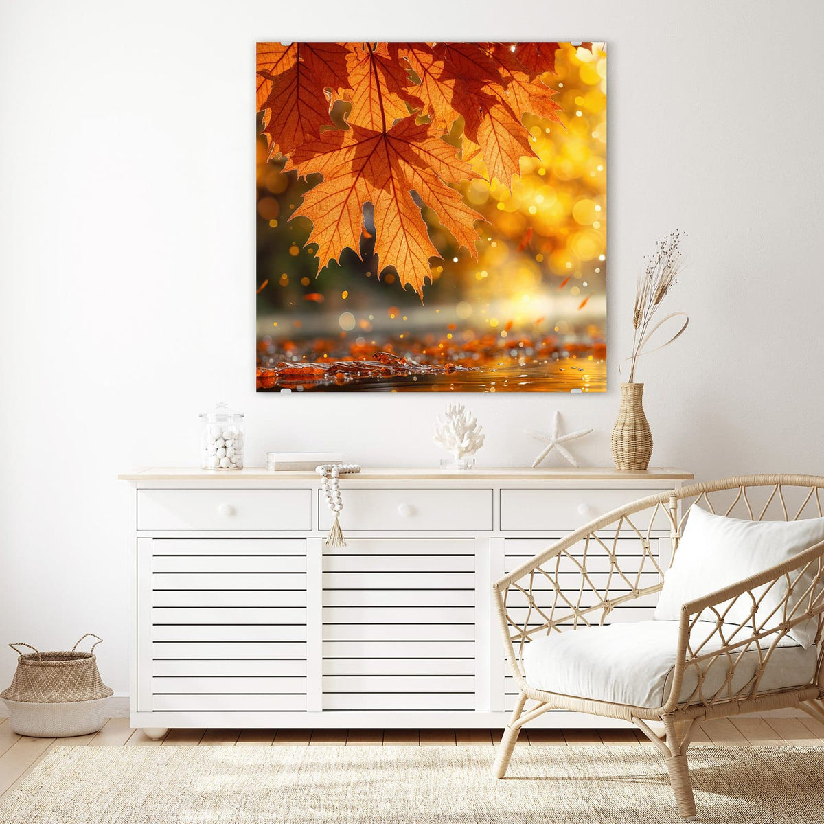 Echtglas, 4 mm – kein Acryl, keine Folie – Wandbild - Orange Ahornblätter - Quadratisch