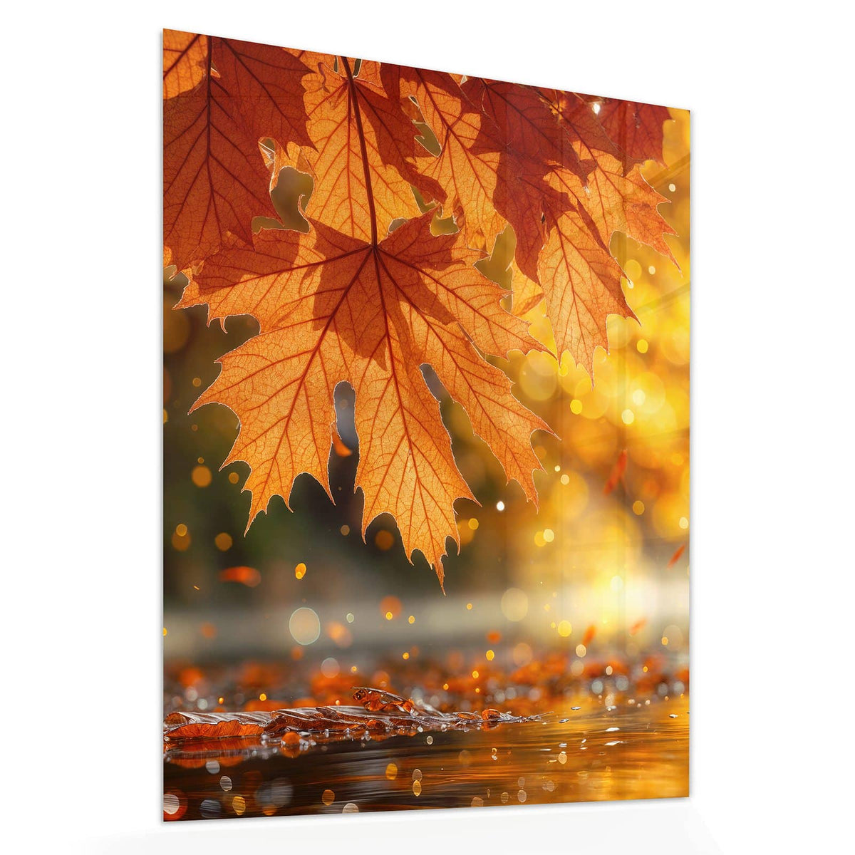 Echtglas, 4 mm – kein Acryl, keine Folie – Wandbild - Orange Ahornblätter - Hochformat