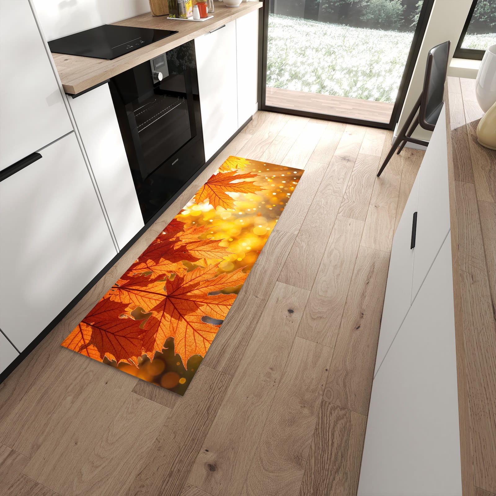 Bodenschonender Küchenläufer mit Motiv Sanfte Herbstblätter in moderner Küche