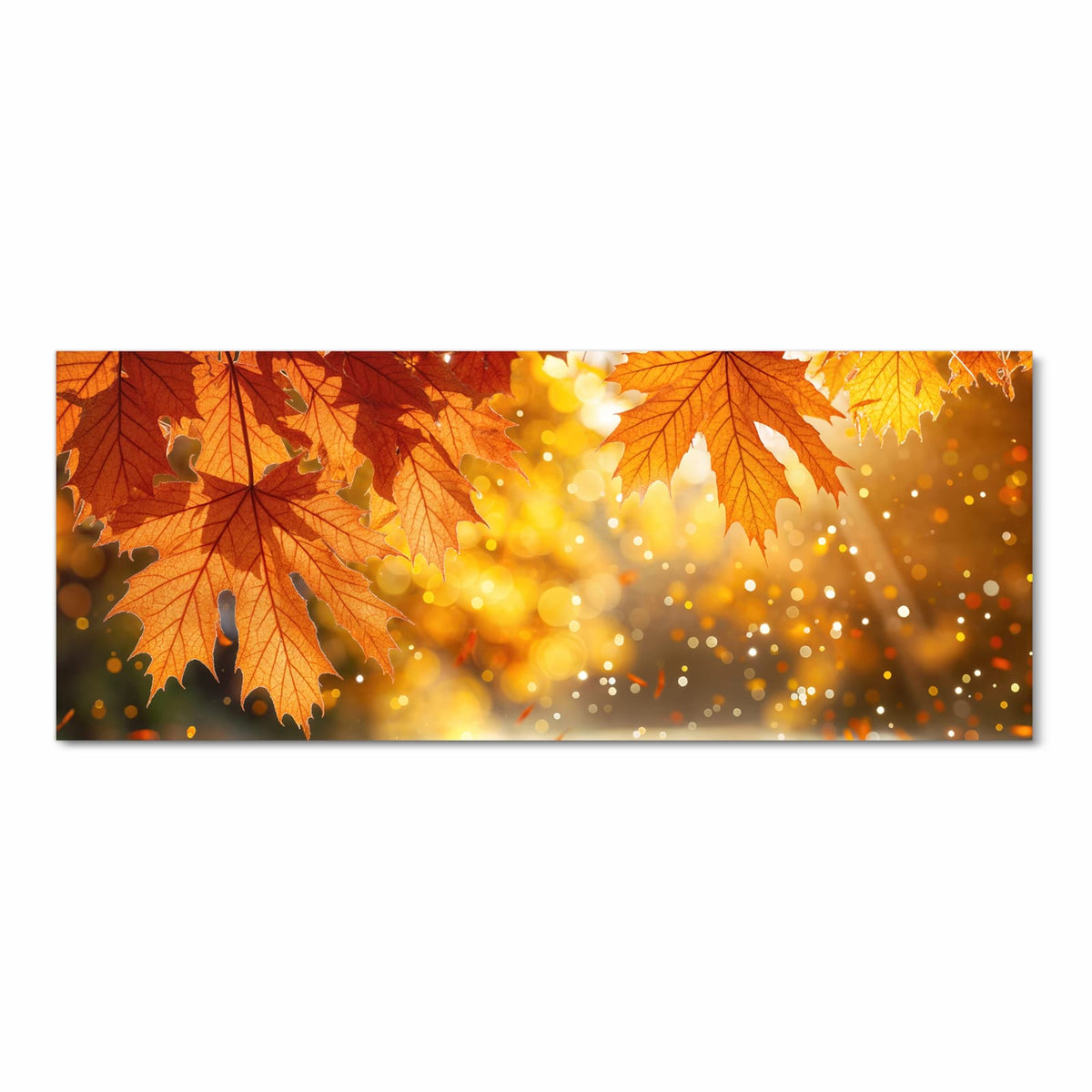 Große orangerote Ahornblätter im Vordergrund vor goldenem Bokeh, unten nasses Laub