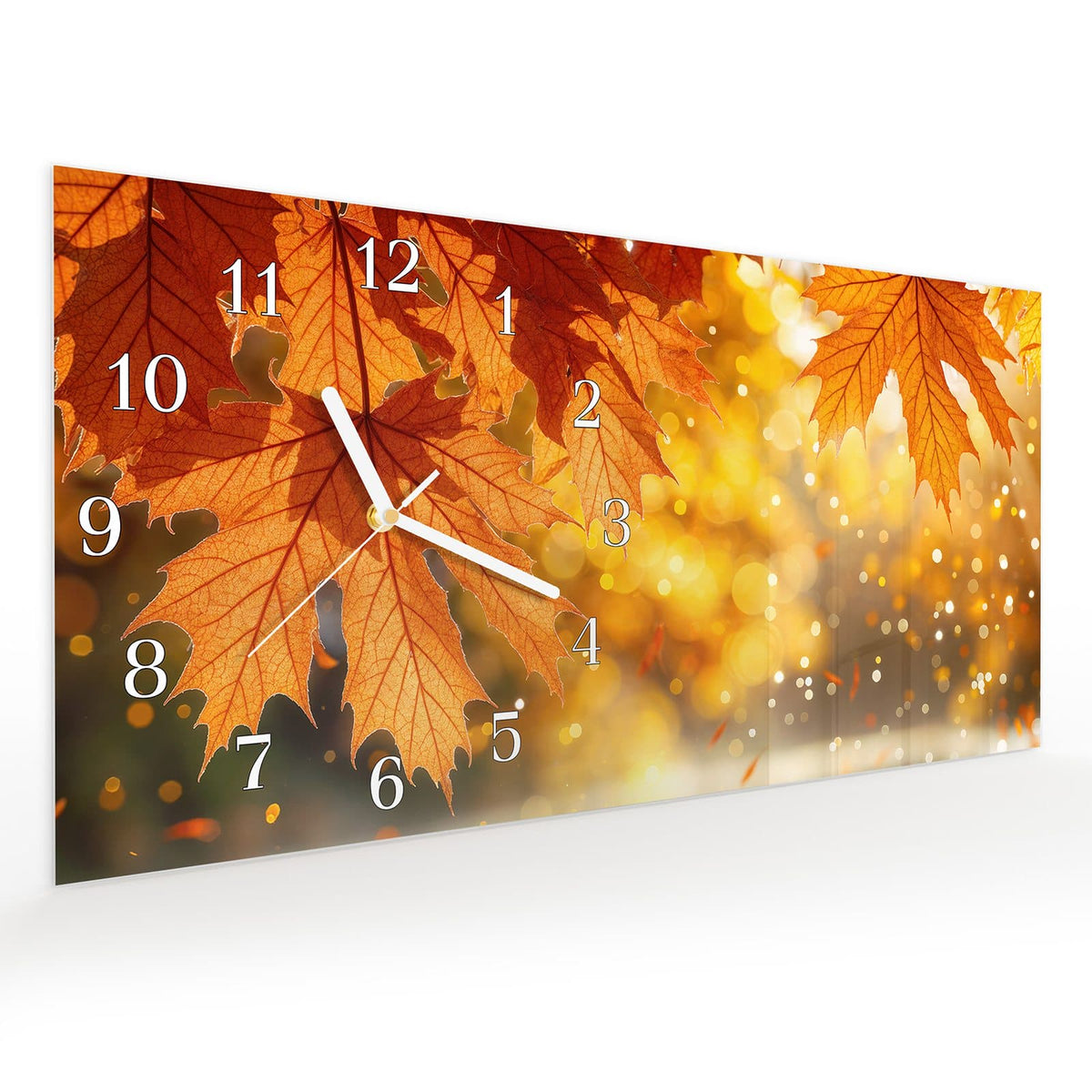 Vormontiert – mit Schwebeeffekt – Wanduhr Sanfte Herbstblätter aus Glas – Querformat 60 × 30 cm