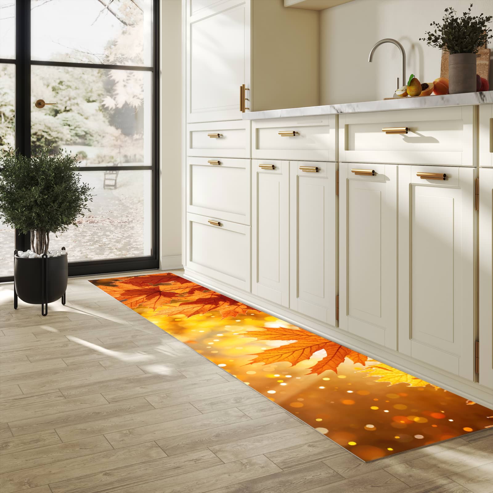 Komfortabler rutschfester Küchenläufer mit Motiv Sanfte Herbstblätter in heller Küche