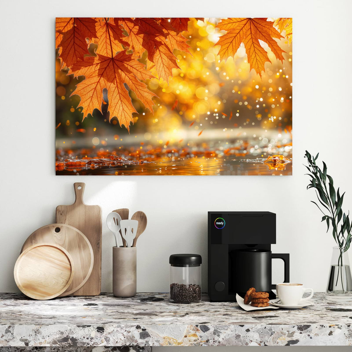 Metall Magnettafel - Orange Ahornblätter – Orangerote Ahornblätter vor Gold