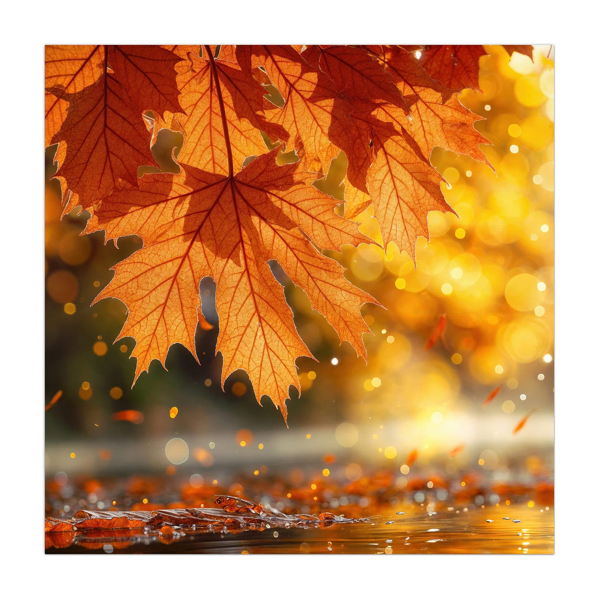 Große orangerote Ahornblätter im Vordergrund vor goldenem Bokeh, unten nasses Laub