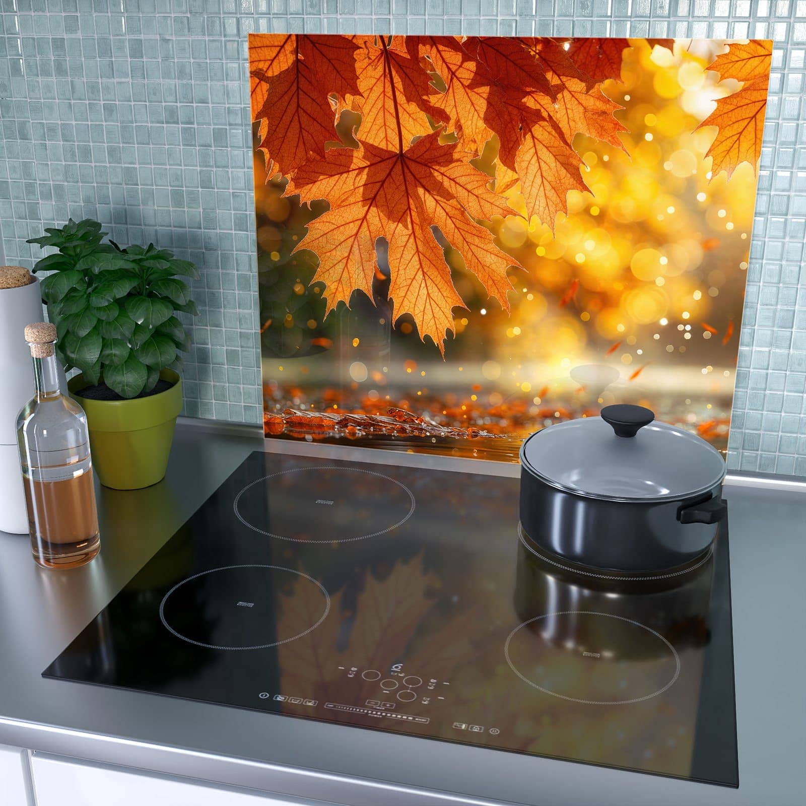 1-teilige Herdabdeckplatte mit Sanfte Herbstblätter-Motiv als Spritzschutz hinter dem Kochfeld