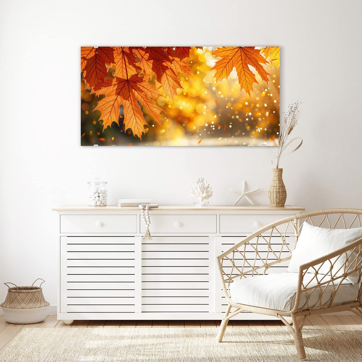 Echtglas, 4 mm – kein Acryl, keine Folie – Wandbild - Orange Ahornblätter - Querformat
