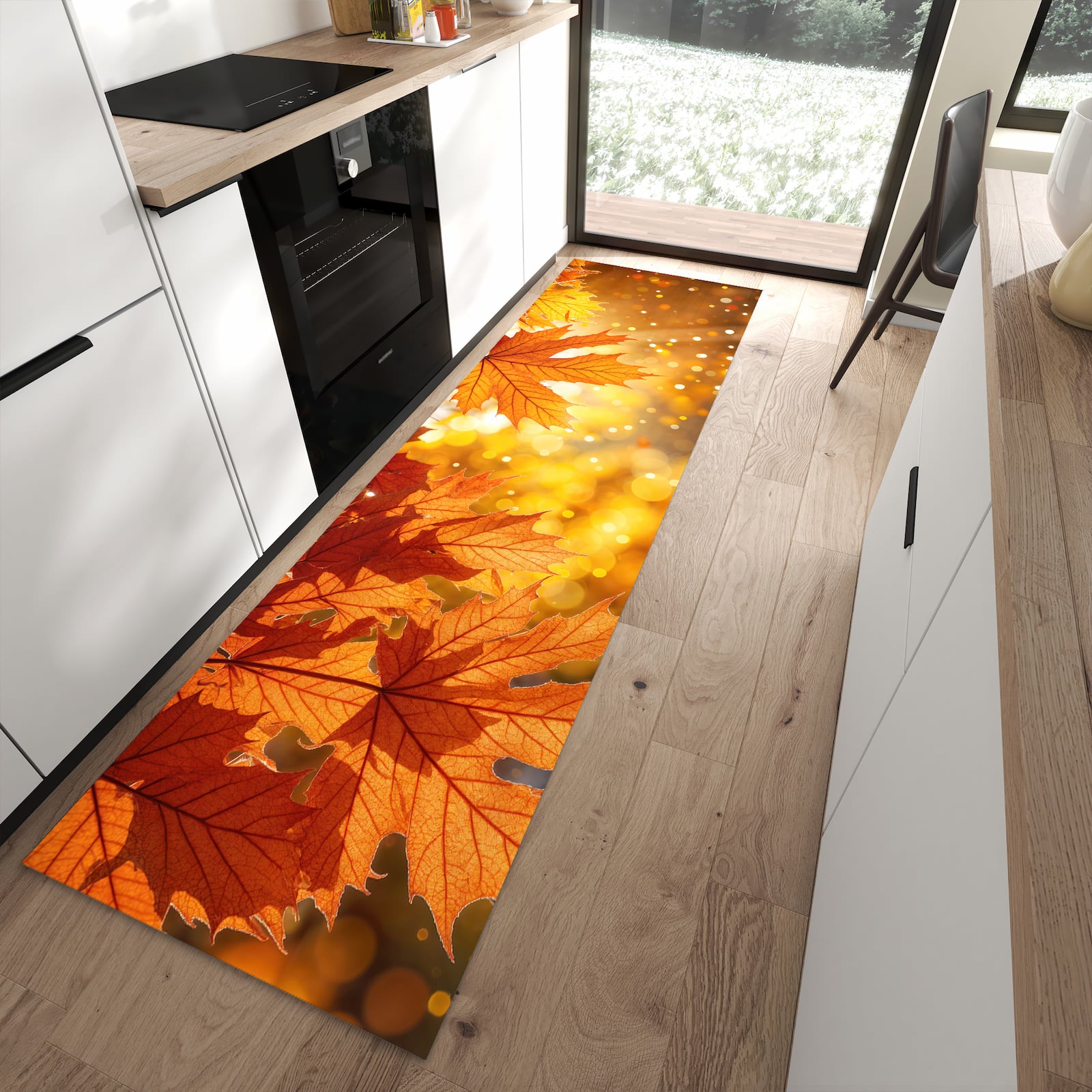 Geräuschdämpfender Küchenläufer mit Motiv Sanfte Herbstblätter in moderner Küche