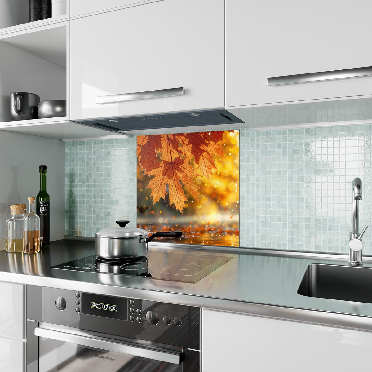Küchenrückwand Orange Ahornblätter aus Glas – Orangerote Ahornblätter vor Gold