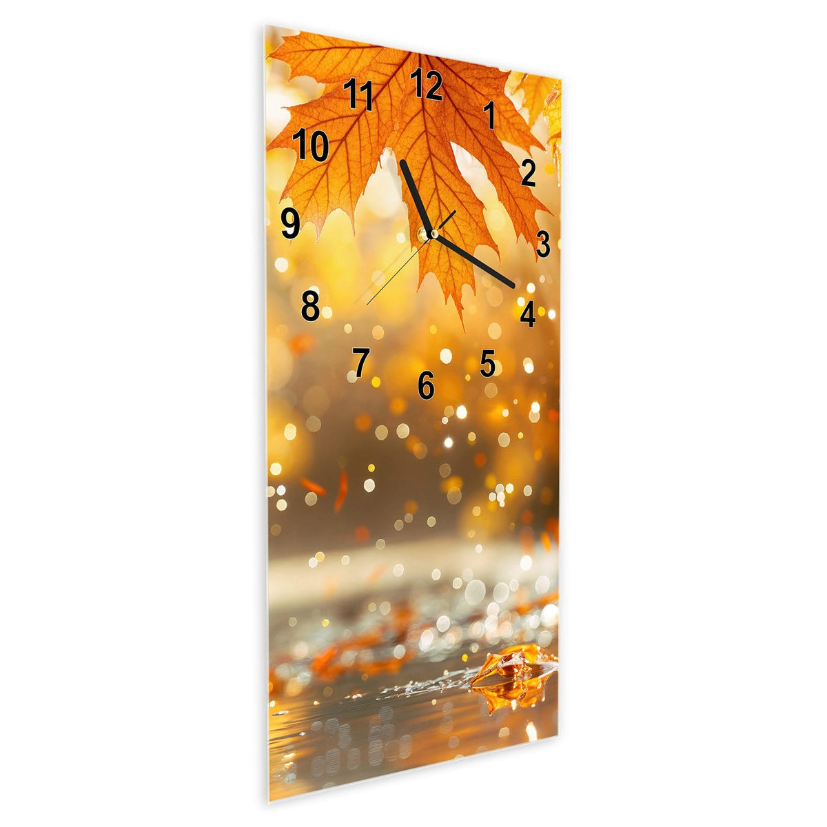 Wanduhr aus Glas im Hochformat Orange Ahornblätter schräg von der Seite, 4 mm starkes Glas