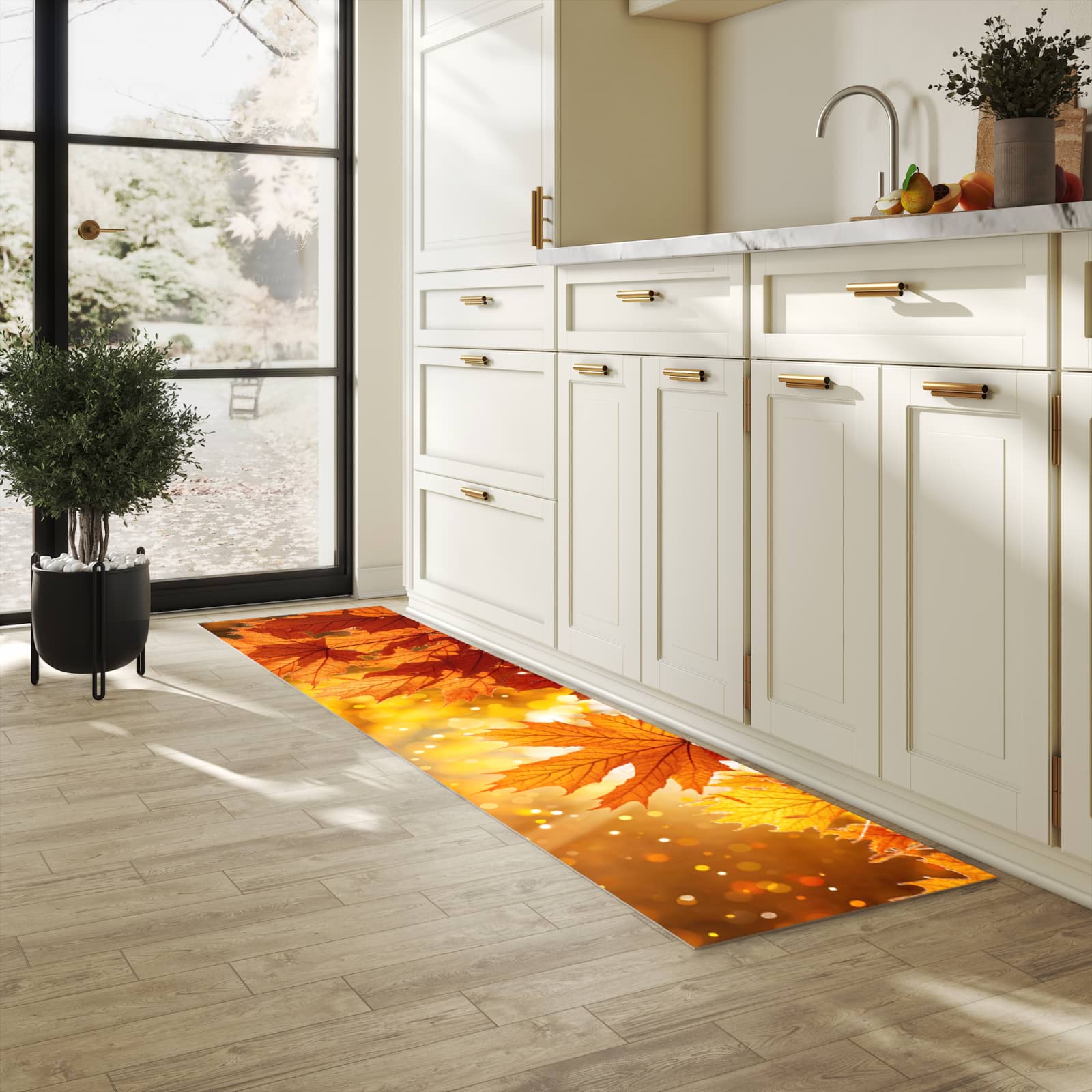 Pflegeleichter waschbarer Küchenläufer mit Motiv Sanfte Herbstblätter in heller Küche