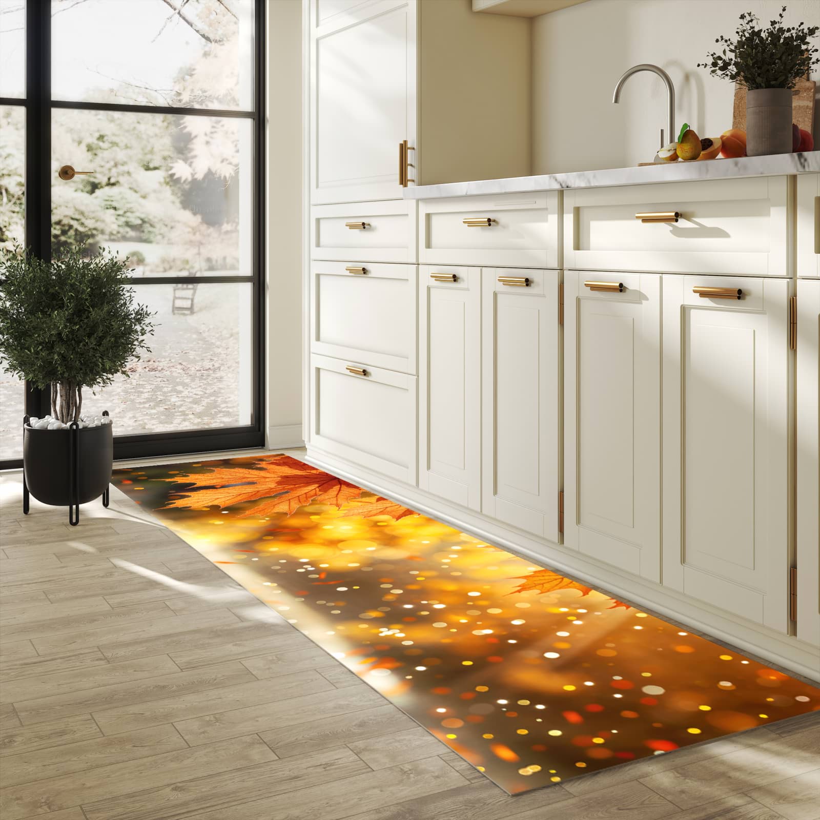 Strapazierfähiger abwaschbarer Küchenläufer mit Motiv Sanfte Herbstblätter in heller Küche