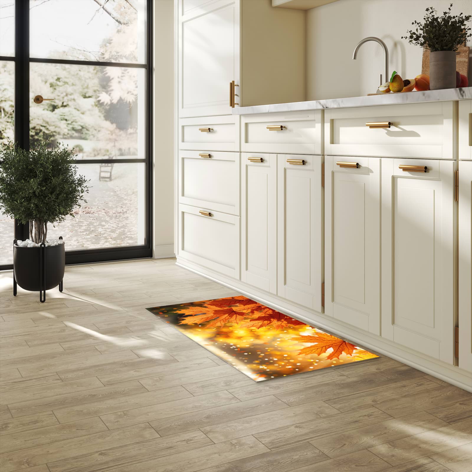 Schmutzabweisender Küchenläufer mit Motiv Sanfte Herbstblätter in heller Küche