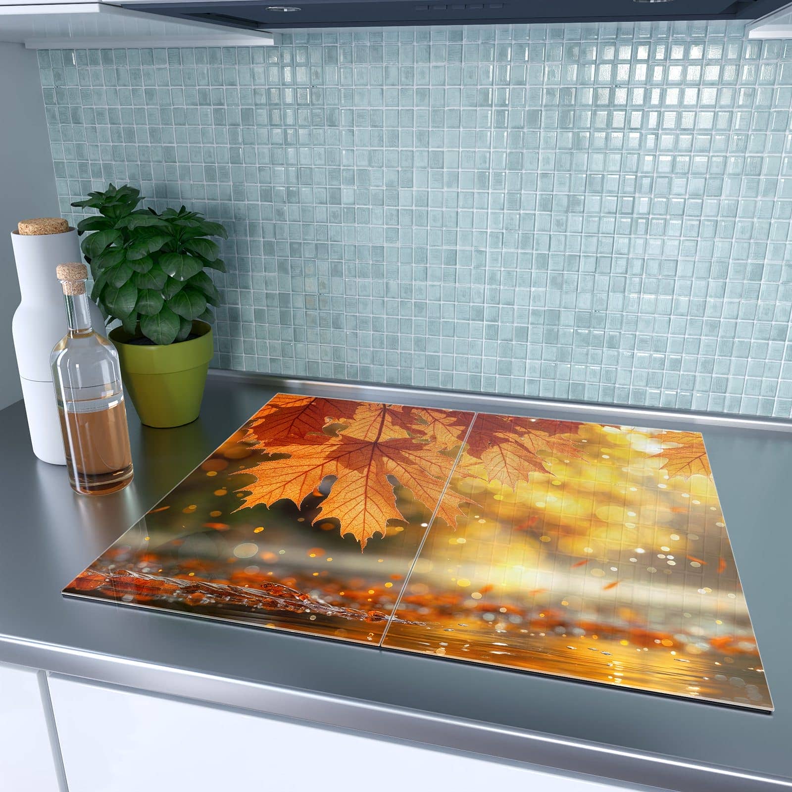 2-teilige Abdeckplatten für Ceranfeld mit Sanfte Herbstblätter-Motiv auf dem Ceranfeld