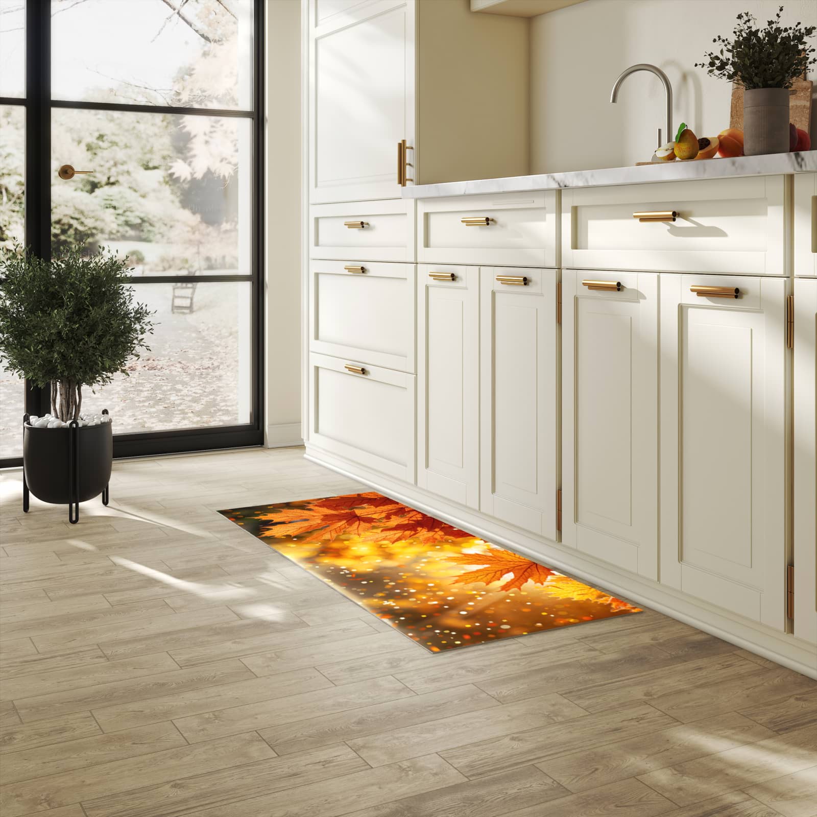 Geruchsneutraler rutschfester Küchenläufer mit Motiv Sanfte Herbstblätter in heller Küche