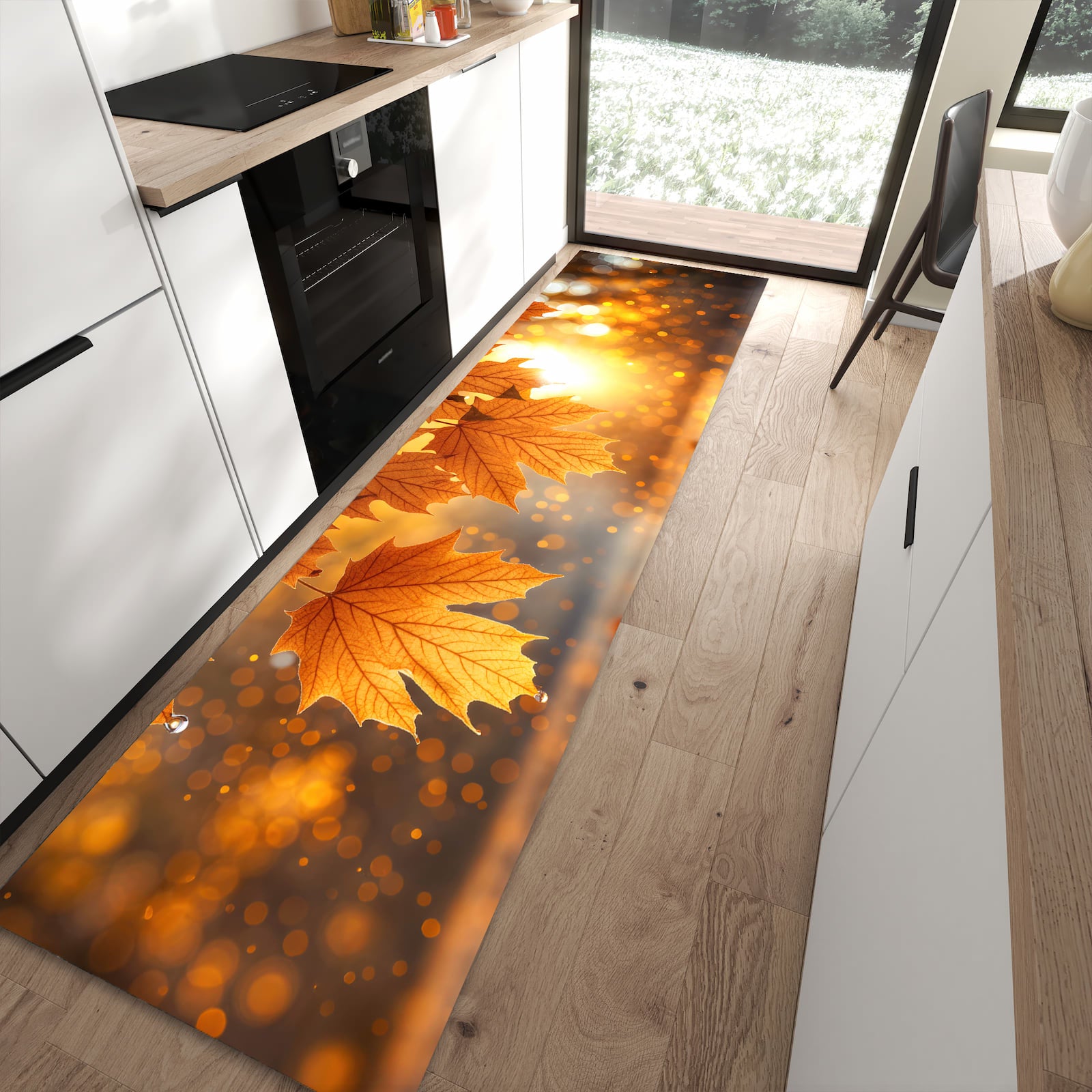 Fleckenresistenter Küchenteppich mit Motiv Blätter von Herbstliche in moderner Küche
