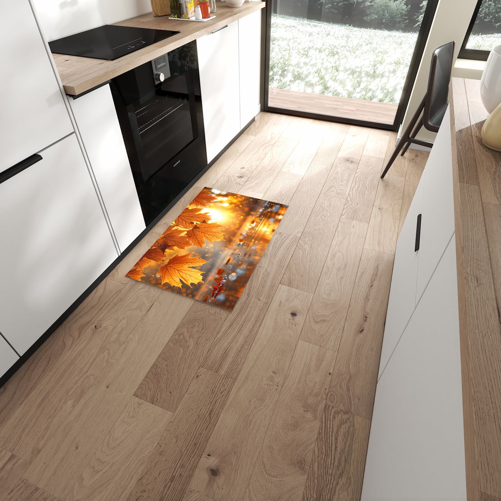Abriebfester Küchenteppich mit Motiv Blätter von Herbstliche in moderner Küche