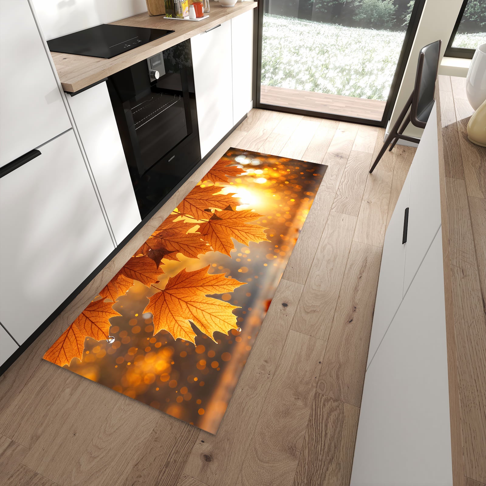 UV-beständiger Küchenteppich mit Motiv Blätter von Herbstliche in moderner Küche