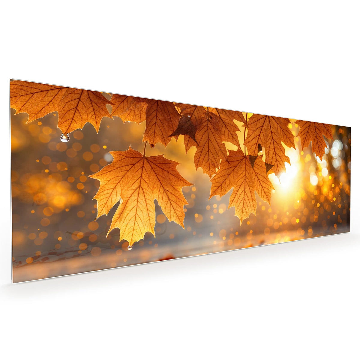 Küchenrückwand aus Glas im Hochformat: Große orangegoldene Ahornblätter hängen über einer spiegelnden Wasserfläche mit Lichtbokeh #grösse_40 x 100 cm #grösse_50 x 125 cm #grösse_60 x 150 cm