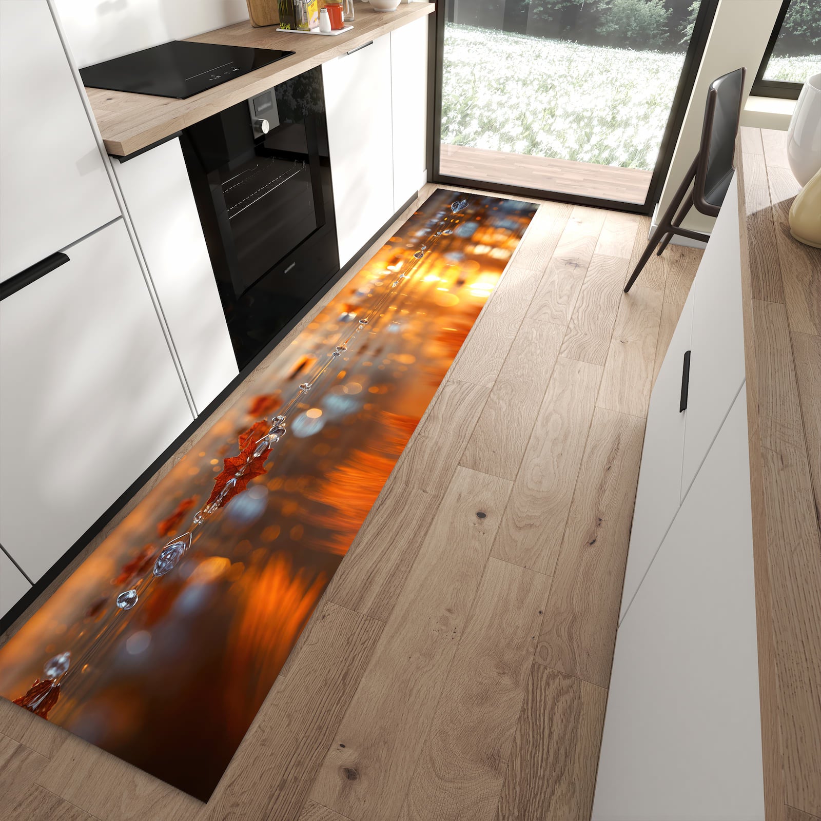 Geräuschdämpfender abwaschbarer Küchenläufer mit Motiv Blätter von Herbstliche in moderner Küche