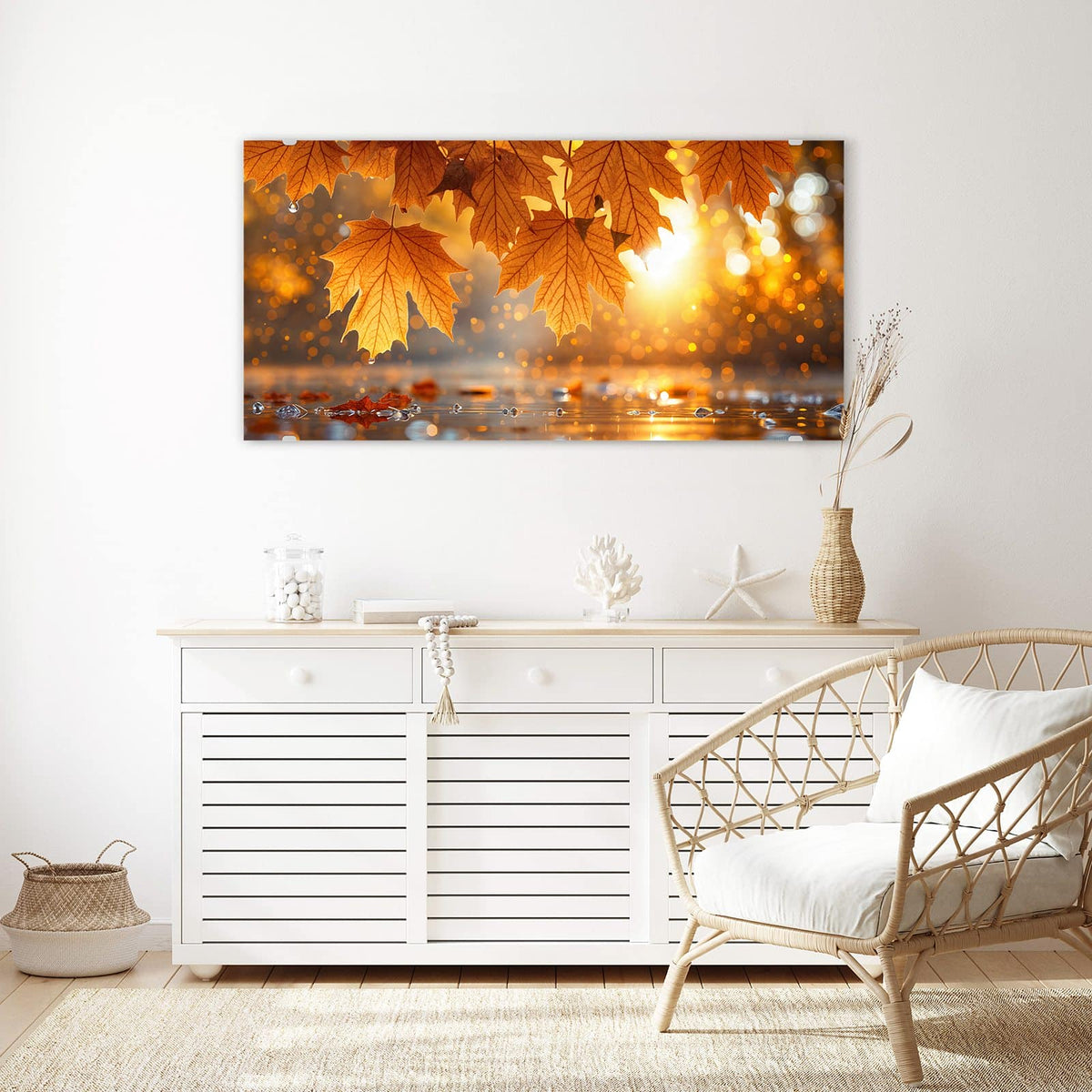 Echtglas, 4 mm – kein Acryl, keine Folie – Wandbild - Ahornlaub über Wasser - Querformat