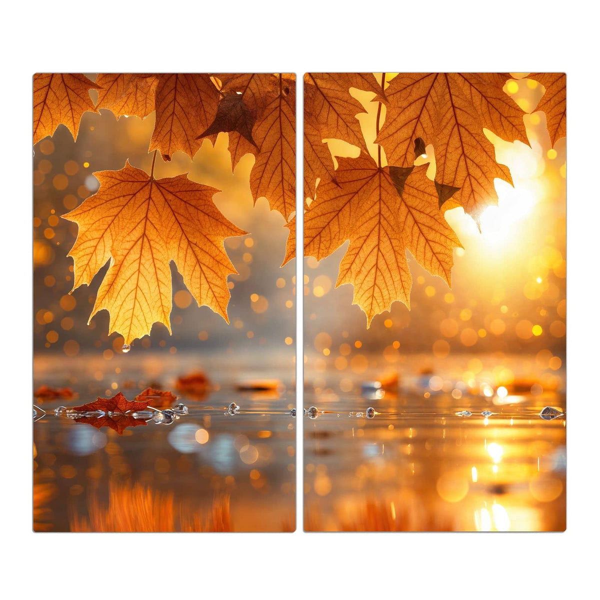 Große orangegoldene Ahornblätter hängen über einer spiegelnden Wasserfläche mit Lichtbokeh