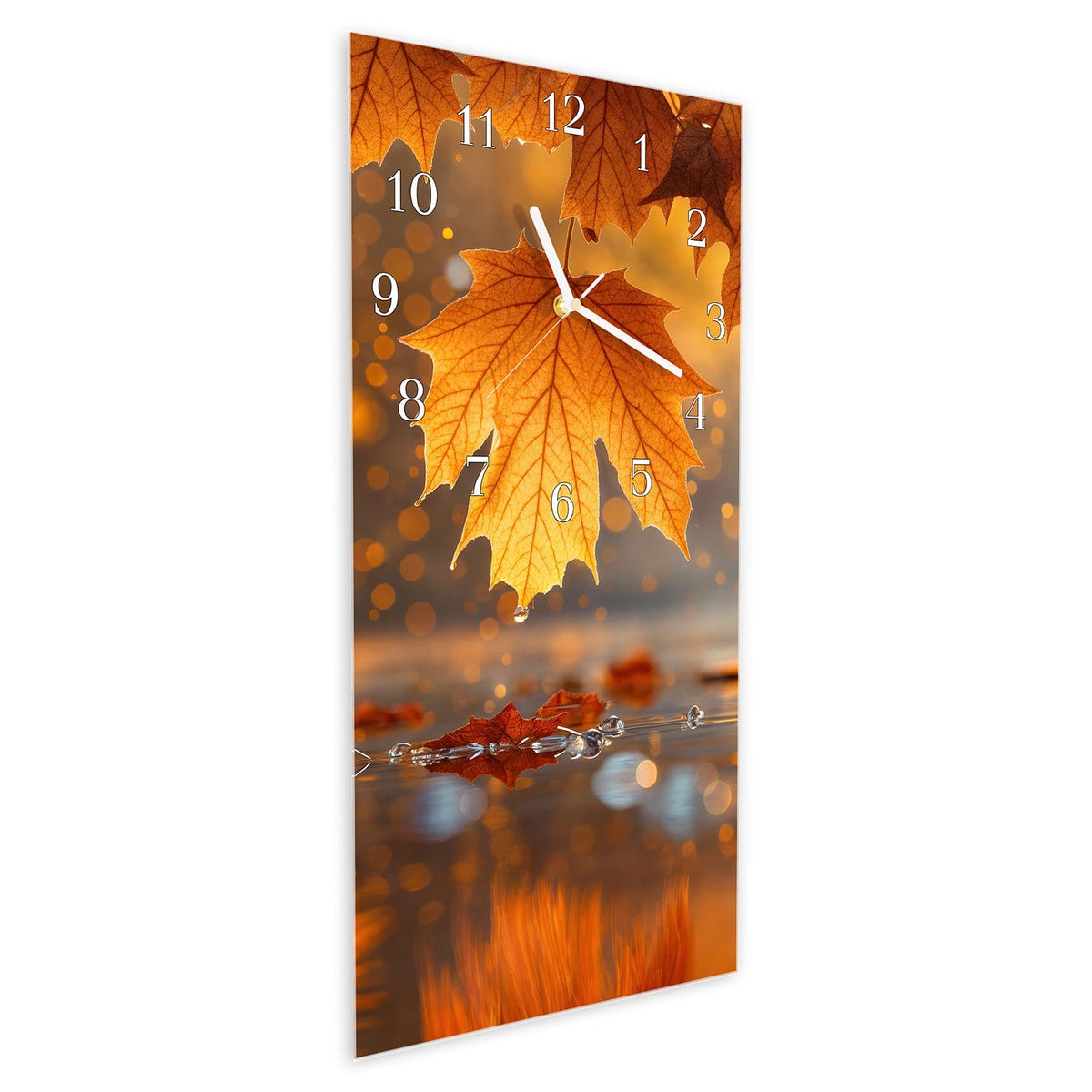 Vormontiert – mit Schwebeeffekt – Wanduhr Goldene Herbstblätter aus Glas – Hochformat 30 × 60 cm