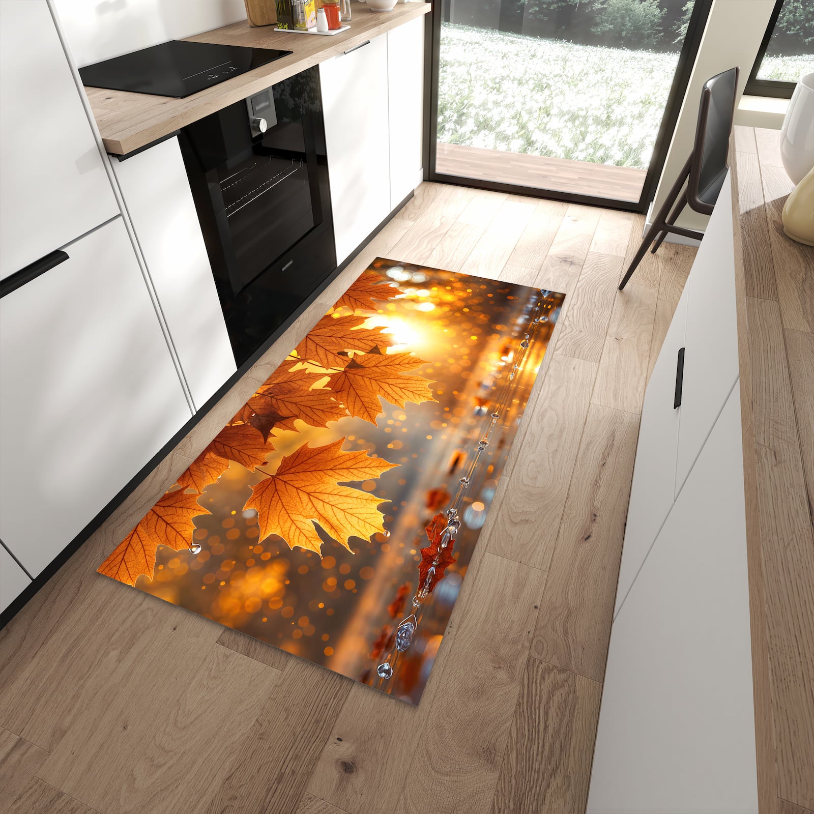 Schmutzabweisender Teppich für die Küche mit Motiv Blätter von Herbstliche in moderner Küche